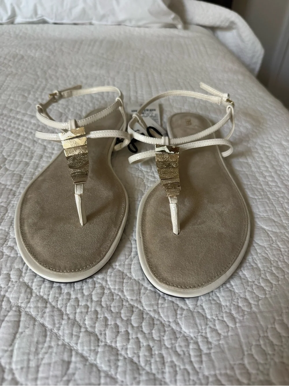 Zara Flat Suede Sandals with Gold Metallic Appliques - Picture 2 of 7